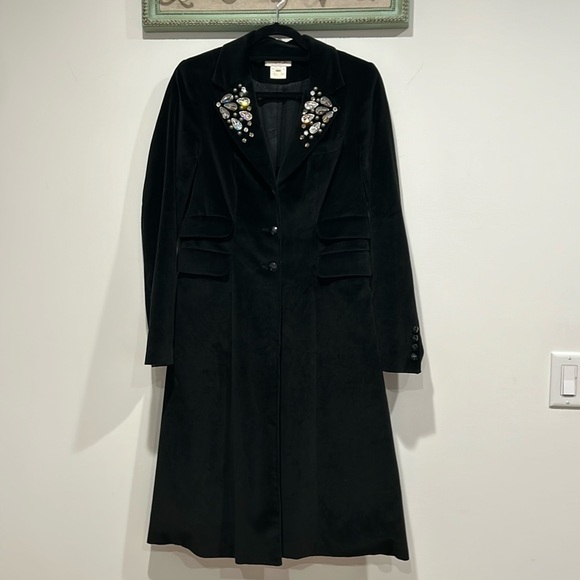 LaRok velvet black trench coat embellished jewel stud collar large women vintage - Picture 1 of 11